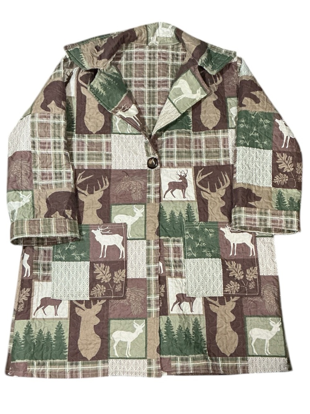 Camo Patchwork Blanket Jacket Upcycled Bedspread Forest Bear Deer Cabin - Picture 8 of 12